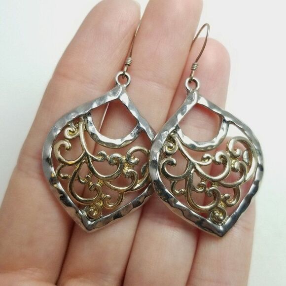 Vintage Spiral Design Dangle Earrings, Silver Tone, Boho Style, Estate - Picture 5 of 6